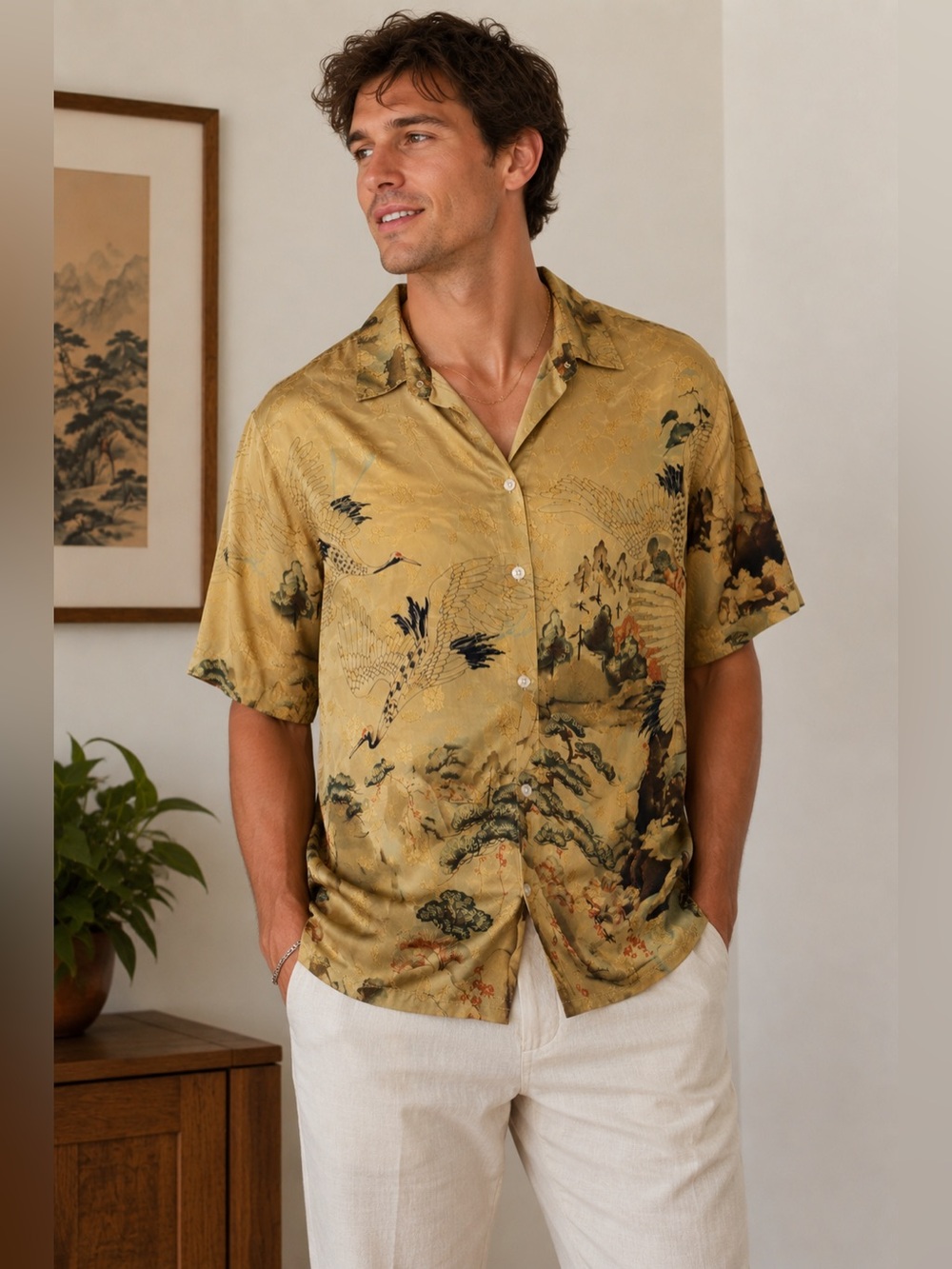 ✨Citron Santa Monica Silk Crane Print Button Shirt Size L Asian Inspired✨